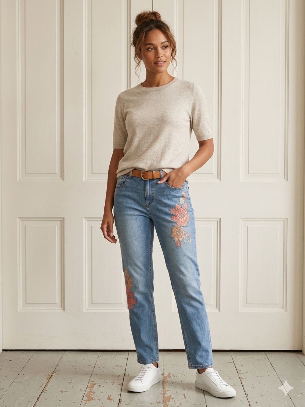 Dittos Light Blue Denim Jeans with Floral Embroidery
